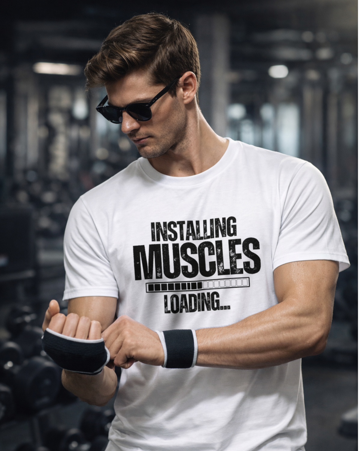 Man Installing Muscles Loading Gym T-Shirt (Black & White)
