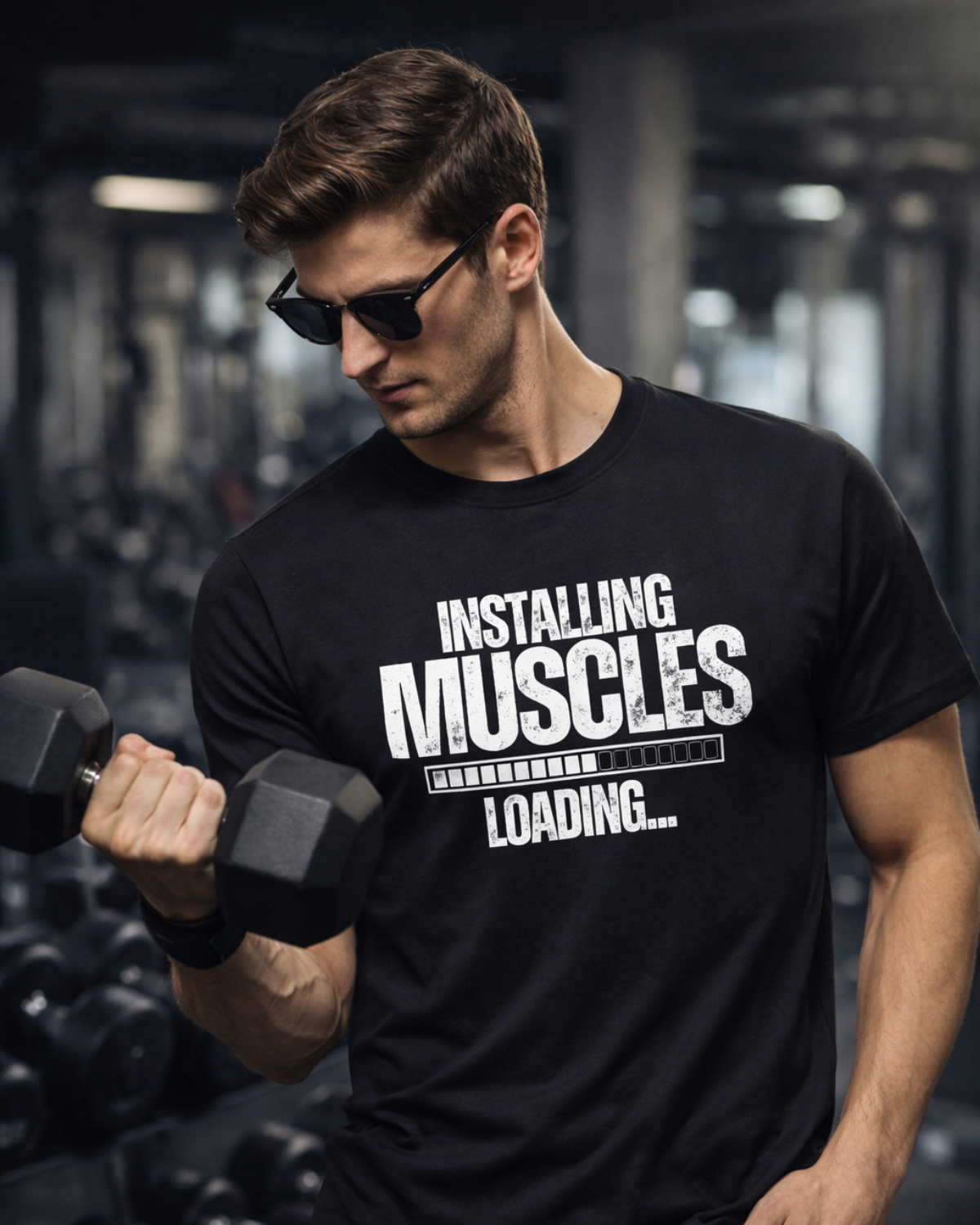 Man Installing Muscles Loading Gym T-Shirt (Black & White)