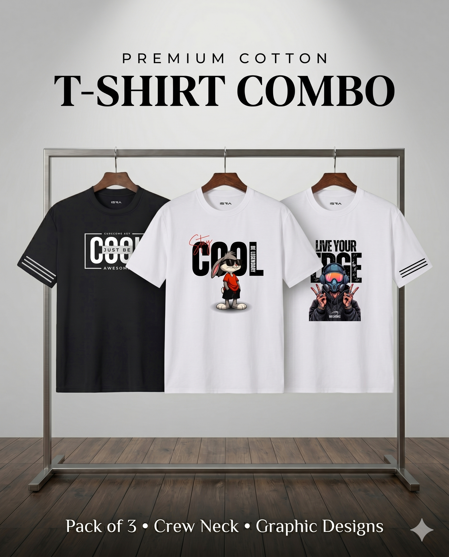Premium Cotton T-Shirt Combo (Pack of 3) – Graphic Designs | ISRA Fashion