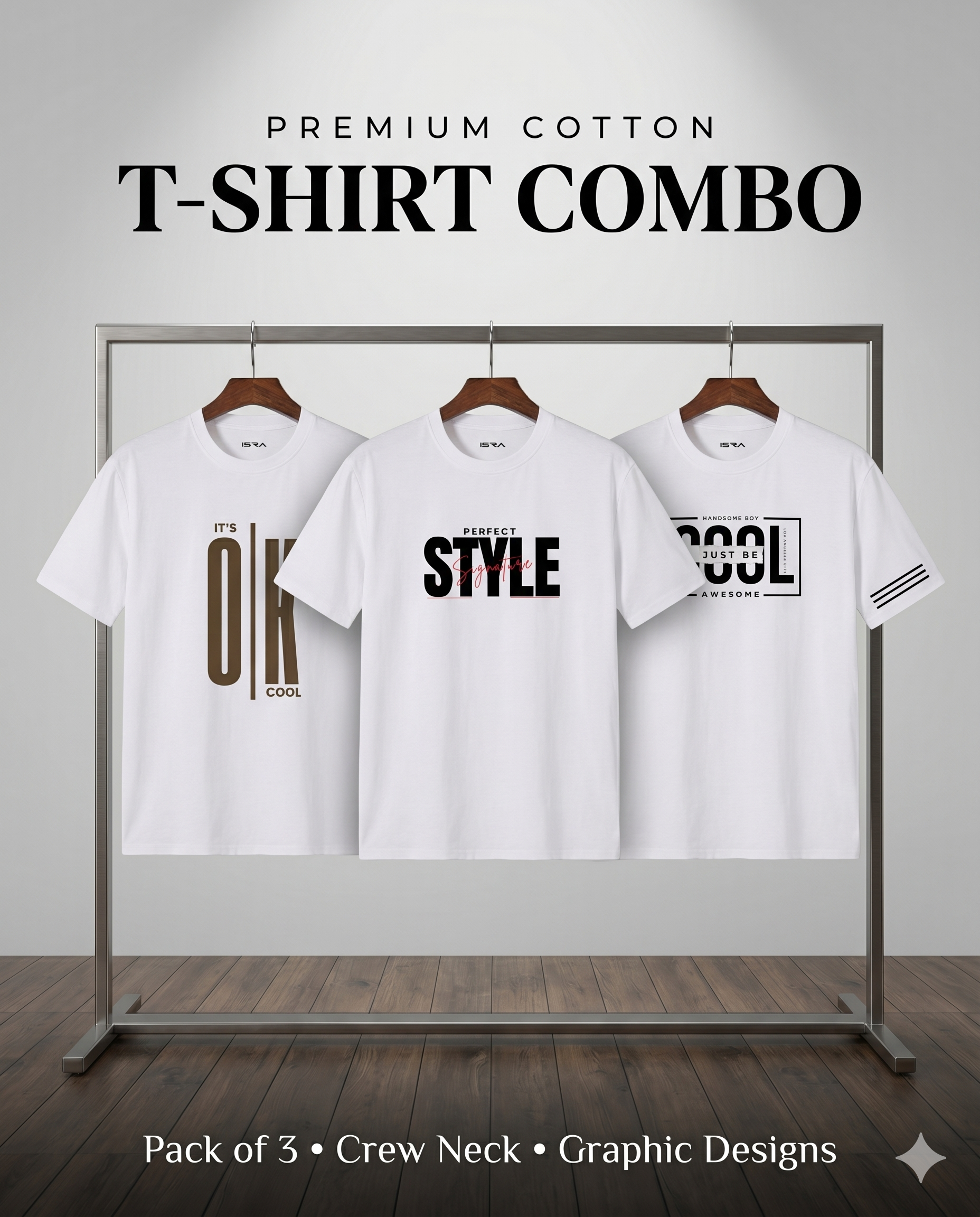 Premium Cotton Minimal Graphic T-Shirt Combo (Pack of 3) – Classic White Collection | ISRA Fashion