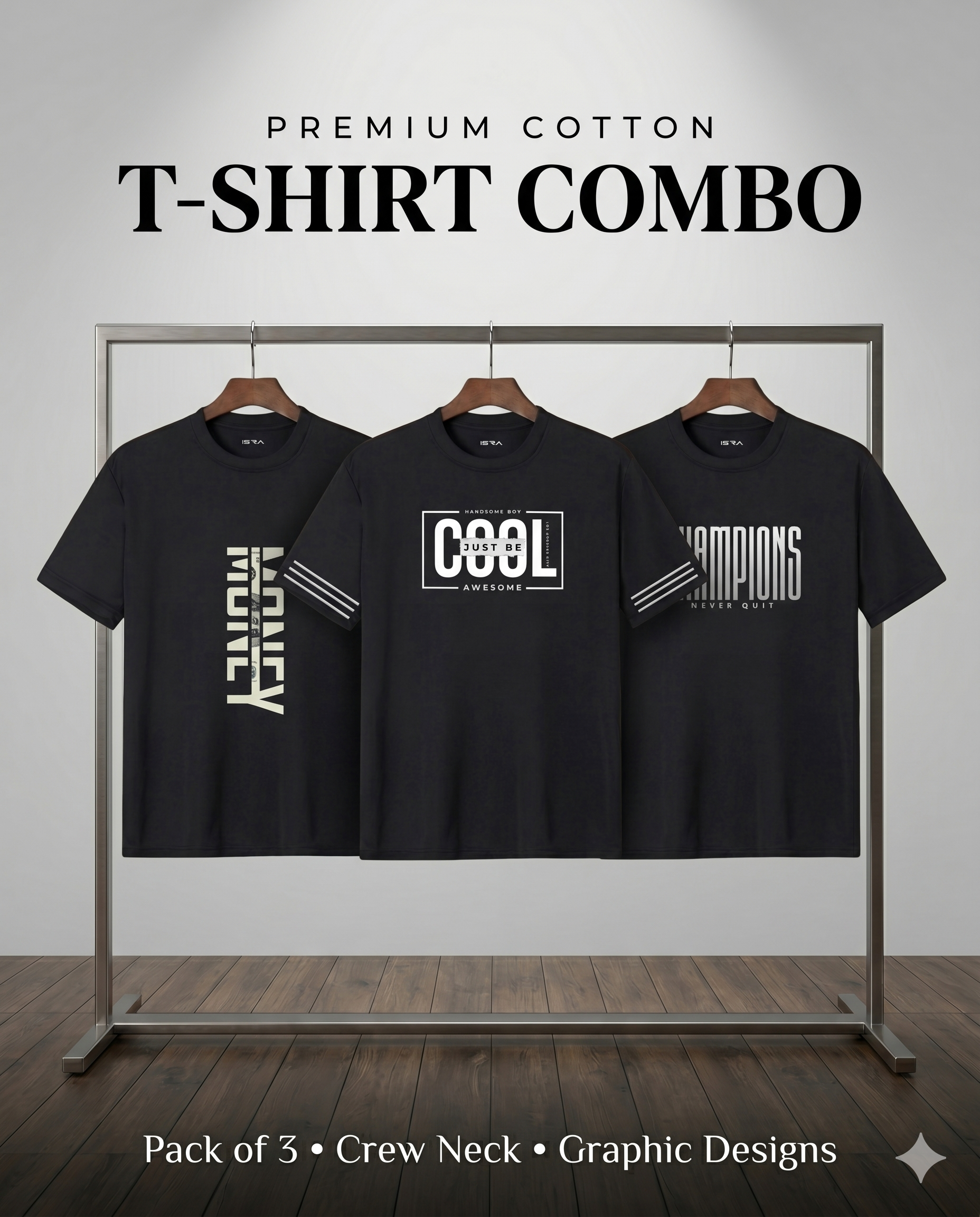 Premium Black Graphic T-Shirt Combo (Pack of 3) – Dark Edition | ISRA Fashion