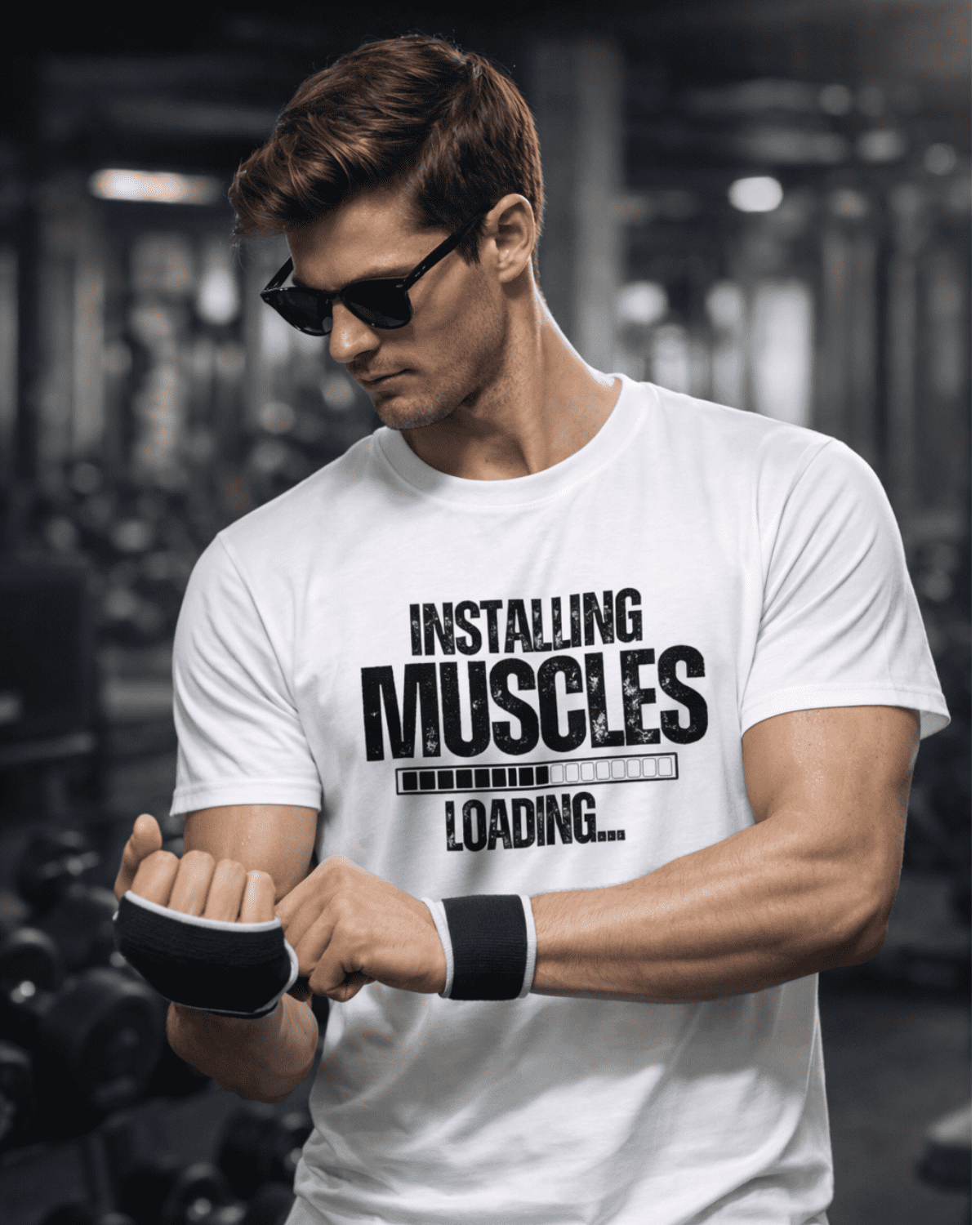 Man Installing Muscles Loading Gym T-Shirt (Black & White)