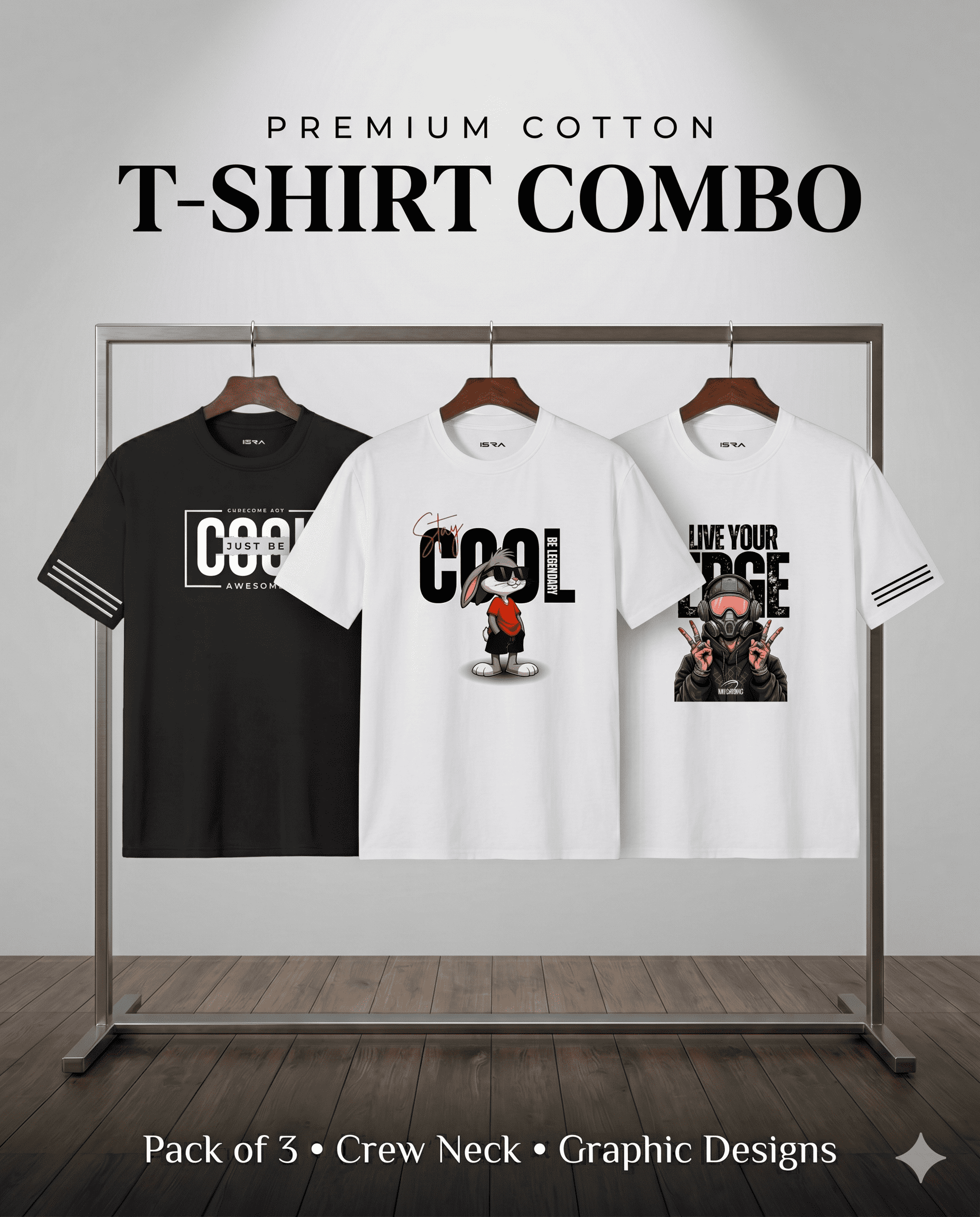 Premium Cotton T-Shirt Combo (Pack of 3) – Graphic Designs | ISRA Fashion