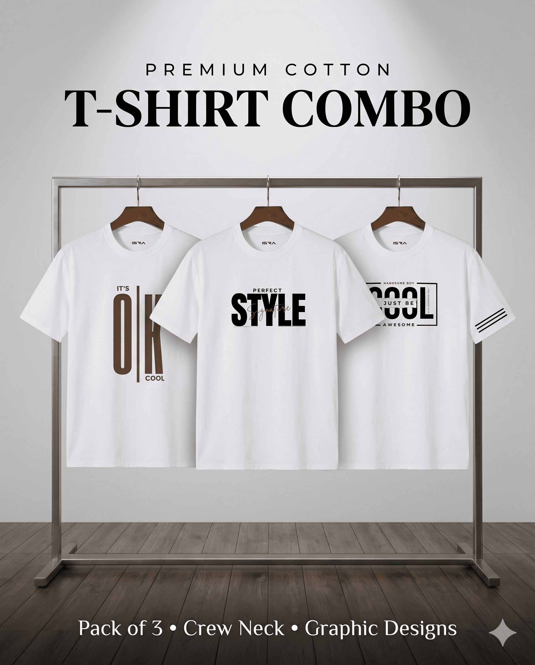 Premium Cotton Minimal Graphic T-Shirt Combo (Pack of 3) – Classic White Collection | ISRA Fashion