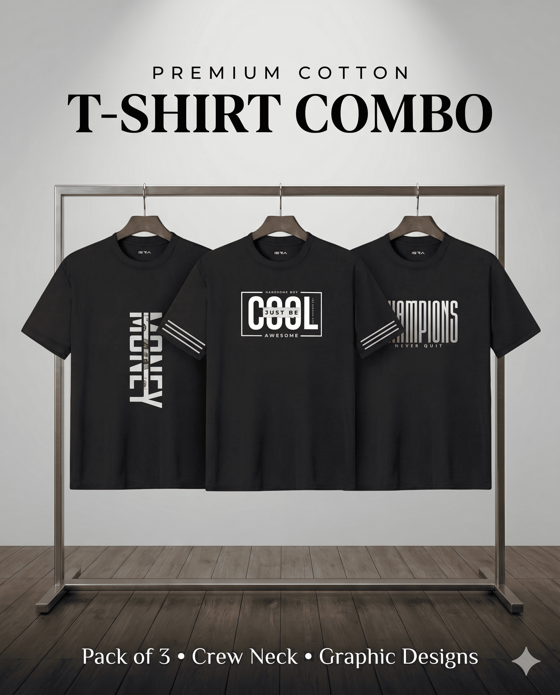 Premium Black Graphic T-Shirt Combo (Pack of 3) – Dark Edition | ISRA Fashion
